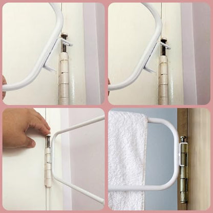 Novabright Door Hinge Towel Bar Rack Behind Storage Door Double Bar Towel White Alloy Steel Rack Holder Hinge Mounted for Family Compact Spaces Small Bathrooms Bedroom