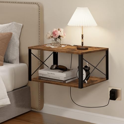 Homode Floating Nightstand, Wood Floating Bedside Table with Cable Hole, 2 Tier Wall Mounted Nightstand, Hanging Night Stand Wall Shelves for Bedroom Living Room Bathroom Kitchen, Rustic Brown - color: Rustic Brown Black