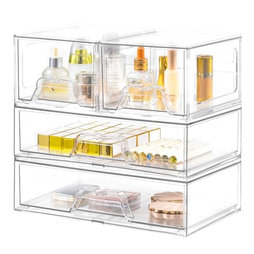 Stebopum 4 Pack Stackable Storage Drawers Clear Acrylic Organizer Bathroom Makeup Organizer and Storage for Beauty Supplies,Ideal for Vanity, Bathroom,Cabinet,Pantry Organization - style: 2 Small+2 Wide