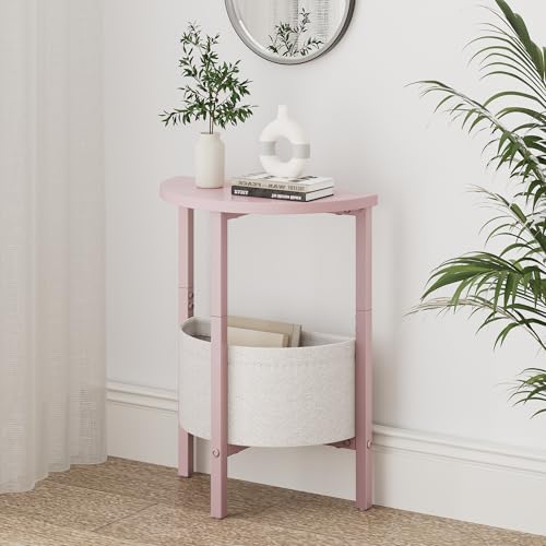 Vagusicc Small Round Side Table, Accent End Table with Storage Basket, Set of 2 Half Round Coffee Table End Table, Half Moon Bedside Table, Modern Nightstand Couch Table for Living Room Bedroom, Pink - color: Pink