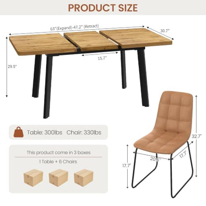 Extendable Dining Table Set for 4 to 8 People, 47.2" to 63" Modern Kitchen Table Set with 6 Chairs, MDF Dining Room Table and Chairs with Removable Extension Leaf (Walnut Table+U-Shaped Brown Chairs) - color: 47.2'' - 63'' Walnut Table+6 U Brown Chairs