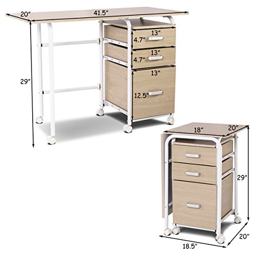 Tangkula Folding Computer Desk with 3 Drawers, Mobile Home Office Desk, Portable Laptop Desk Writing Table, Space Saving Compact Desk for Small Spaces, Dorm, Apartment - color: Beige