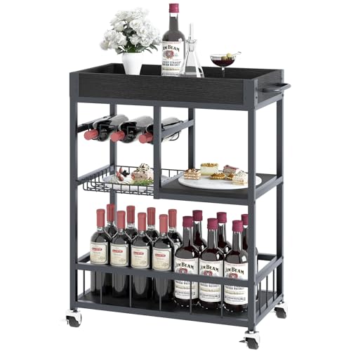 Bar Cart with Basket 3 Tiers Home Rolling Wine Rack with Wheels Mobile Kitchen Industrial Vintage Style Wood Metal Serving Trolley Serving Cart,Black Frame Home Kitchen Shelf for Party - size: Black, style: With Basket