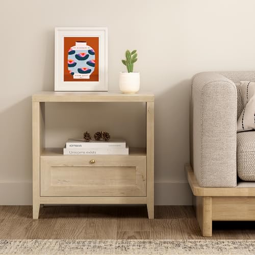 EYYTHUNG Wooden Nightstands with Drawer Modern 24" Wide End Table Night Stand Large Farmhouse Bedside Table with Open Shelf Mid Century Night Stands for Sofa, Light Oak - color: Light Oak, size: 1 PC