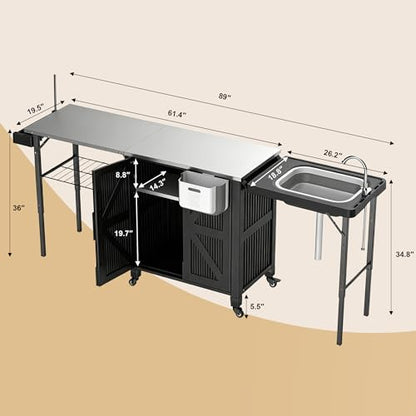Outdoor Grill Cart with Storage Cabinet, 3-in-1 Movable Kitchen Island Cart, Outdoor Grill Cooking Station with Stainless Steel Countertop&Rolling Wheels&Folding Side Tables for Backyard Patio