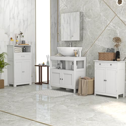 kleankin Pedestal Sink Storage Cabinet, Bathroom Under Sink Cabinet with 2 Doors and Open Shelf, Bathroom Vanity, White - color: White