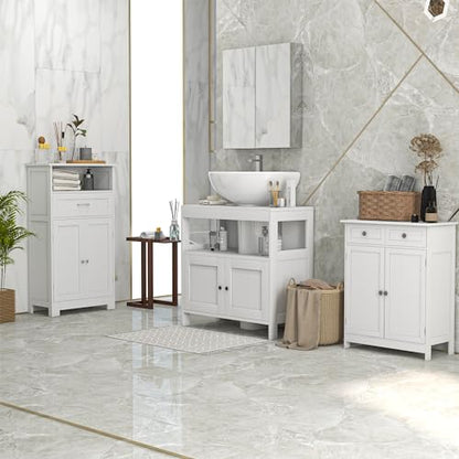 kleankin Pedestal Sink Storage Cabinet, Bathroom Under Sink Cabinet with 2 Doors and Open Shelf, Bathroom Vanity, White - color: White