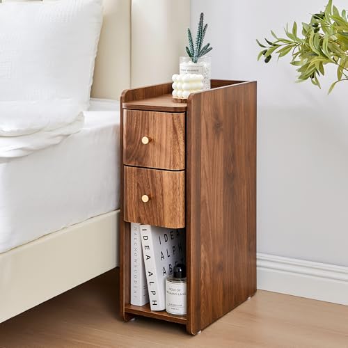 Narrow Nightstand Set of 2, Wooden Small 2 Drawer Nightstand, Slim Side End Table, Skinny Bedside Table, Mid Century Modern Night Stand with Drawers, for Bedroom (Walnut-2pcs) - color: Walnut-2 Pcs