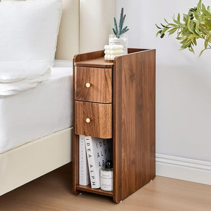 Narrow Nightstand Set of 2, Wooden Small 2 Drawer Nightstand, Slim Side End Table, Skinny Bedside Table, Mid Century Modern Night Stand with Drawers, for Bedroom (Walnut-2pcs) - color: Walnut-2 Pcs