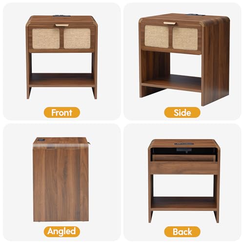 LEVNARY Compact Nightstand Set of 2, Mid-Century Modern Bedside Table with Charging Station and Fabric-Like Textured Drawer, Wooden Small End Table for Farmhouse Bedroom Living Room (2, Walnut) - color: Walnut–linen Drawer Front, size: 2-Pack
