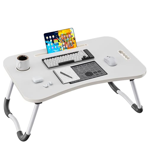 Folding Lap Desk, 23.6 Inch Wood Laptop Bed Desk with Cup Holder, Portable Bed Table for Working Writing Reading, Eating for Bed, Floor, Sofa, Couch - White - color: White