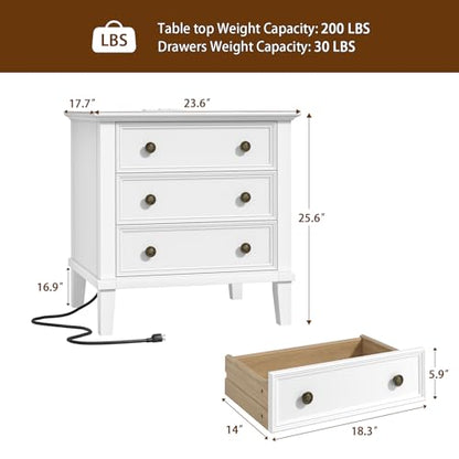 IKENO Solid Wood Nightstand with 3 Drawers, Tall Leg Bedside Table with Charging Station, Farmhouse Night Stand with Wood Slide Rail, Anti-Scratch Foot Pads for Bedroom，White - color: White