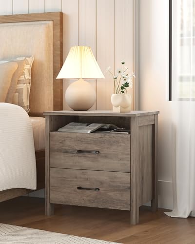 Farmhouse Nightstand, Rustic Nightstand with 2 Large Drawers, Wood End Table with Open Shelf, Bedside Table for Bedroom, Light Brown - color: Light Brown, size: 1 Piece