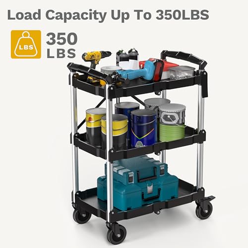 DWVO 3-Tier Foldable Service Cart with Swivel Wheels & Brake, 350LBS | Folding Utility Cart Heavy Duty Collapsible Rolling Cart, 350LBS Portable Utility Cart for Kitchen, Warehouse, Garage - size: 350 LBS