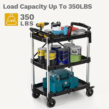 DWVO 3-Tier Foldable Service Cart with Swivel Wheels & Brake, 350LBS | Folding Utility Cart Heavy Duty Collapsible Rolling Cart, 350LBS Portable Utility Cart for Kitchen, Warehouse, Garage - size: 350 LBS
