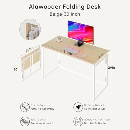 31.5" Folding Desk: No Assembly, Wood Top for Small Spaces | Home office desk, holds 150 lbs, folds flat to 2.3 in, splash-proof wood top, sturdy metal frame - color: Beige, size: 31.5"W x 15.7"D
