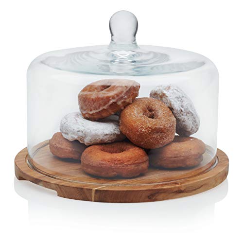 Libbey Acacia Wood Cake Stand with Lid, Ball Top Handle Cake Holder with Lid, Covered Pastry Holder, Durable Glass Dome Cover - color: Flat Round