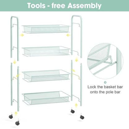 TOOLF 4-Tier Rolling Cart, Metal Utility Cart with 3 Hooks, Easy Assemble Mobile Storage Trolley On Wheels, Metal Shelving Units Kitchen Bathroom Laundry Room - color: Green, size: 4-Tier