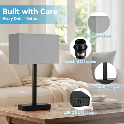Hong-in Touch Lamps for Bedroom - 3-Way Dimmable Bedside Lamps Set of 2 with USB C+A, Grey Modern Table Lamp for Night Stands, Desk Lamp for Living Room Nightstand End Tables Bed Side - color: A. Grey&Black