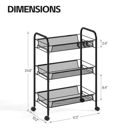 SYKIARIOL Metal Rolling Utility Cart, 3-Tier Mesh Wire Storage Trolley with Easy Assembly, Organizer Craft Cart 3 Hooks, Mobile Shelving Unit for Kitchen, Bathroom, Laundry Room, and Home