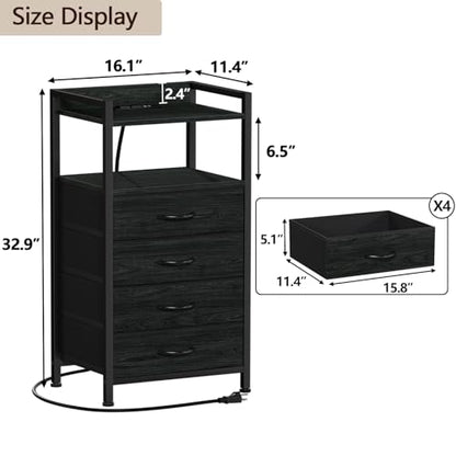 Furnulem Night Stand with Charging Station, Black Nightstand with Drawers and Led Light, Tall Dresser for Bedroom, Bedside Table with Fabric Storage Bins, Metal Frame, Wood Furniture - color: Black Oak
