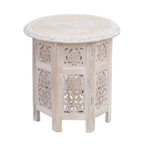 COTTON CRAFT Solid Wood End Table - Hand Carved Vintage Boho Folding Accent Side Table - Small Spaces - Entryway Farmhouse Living Room Bedside - No Tools Assembly - 18x18 Round - White Wash - color: White Wash Round, size: 18x18x18
