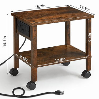 YUFAM 2 Tier Under Desk Printer Stand with Charging Station, Brown | Wooden Small Printer Table for Home Office, Rolling Printer Cart Shelf with Lockable Wheels - color: Brown, size: 11.8"D×15.7"W×15.3"H(With USB)