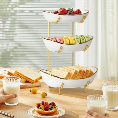 3-Tier Ceramic Fruit Bowl, Modern Fruit Basket for Kitchen Countertop, Tiered Fruit Display Stand with Gold Metal Stand, Non-Slip & Chip-Resistant, Dishwasher Safe (Gold&White) - color: Gold&White