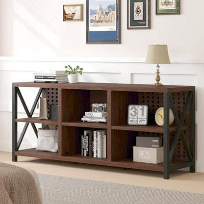 LVB Walnut TV Stand for 65 Inch TV, Industrial Wood and Metal Entertainment Center with Storage Shelf, Modern Television Media Console Table with Cabinet for Living Room Bedroom, Walnut, 55in - color: Walnut