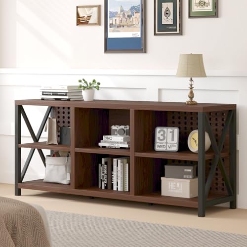 LVB Walnut TV Stand for 65 Inch TV, Industrial Wood and Metal Entertainment Center with Storage Shelf, Modern Television Media Console Table with Cabinet for Living Room Bedroom, Walnut, 55in - color: Walnut