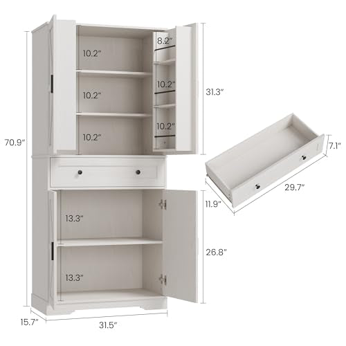 Garvee 71" Kitchen Pantry Cabinet, Barn Door Freestanding Cupboard with Drawer, Sliding Storage Rack, and 6 Hanging Shelves for Kitchen, Dining Room, Living Room Bedroom - color: White