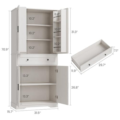 Garvee 71" Kitchen Pantry Cabinet, Barn Door Freestanding Cupboard with Drawer, Sliding Storage Rack, and 6 Hanging Shelves for Kitchen, Dining Room, Living Room Bedroom - color: White