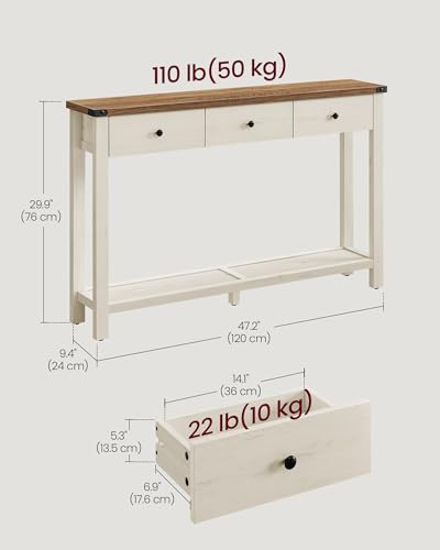VASAGLE LIRY Collection - Console Sofa Table, Narrow Entryway Table with 3 Drawers, Open Storage Shelf, Metal Corners, for Living Room, Farmhouse Style, Honey Brown and Rustic White ULNT142WJ02S