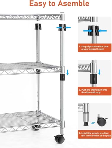 Simple Deluxe 3-Tier Storage Shelves, 750 Lbs Loading Capacity, 24.02" W x 13.78" D x 21.97" H Shelving Unit for Garage, Pantry and Kitchen, Chrome - size: 3-Tier, 24.02"W x 13.78"D x 21.97"H