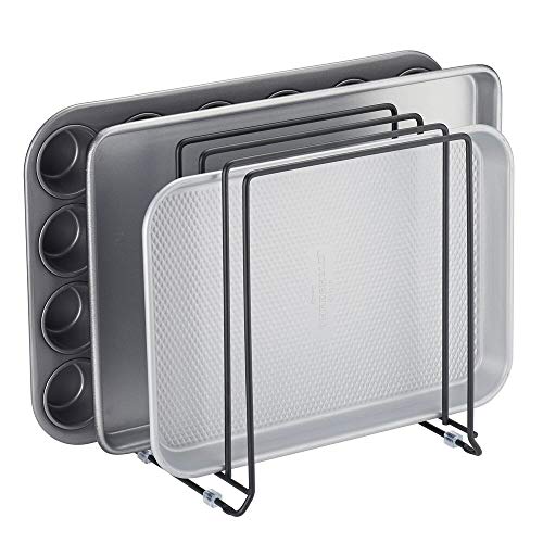 mDesign Pot Lid and Pan Rack — Metal Wire Rack for Cabinets, Pantries or Kitchen Surfaces — Freestanding Pan Stand with 5 Slots for Pans, Pots, Lids and Crockery — Black - color: Black, size: Pack of 1