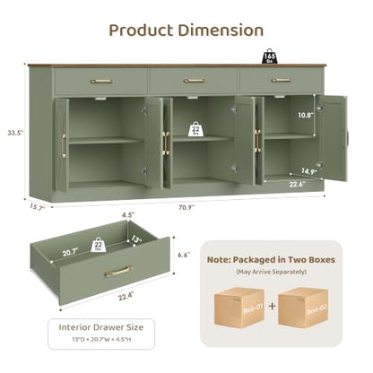 HOSTACK 71" W Kitchen Sideboard Buffet Cabinet with Storage, Green/Brown | Farmhouse Coffee Bar Cabinet with Wide Drawers, Large Buffet Table with Shelves, Long Kitchen Storage Cabinet for Dining Room - color: Green/Brown