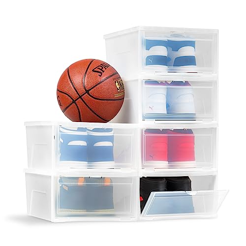 IRIS USA Stackable Shoe Storage Box with Latch Drop Front Door, 6-Pack, for Scarf Game Organizer Container with Ventilation Holes for Closet Under Bed Entryway Storage, Strudy, Wide, Clear - size: 18 Qt Drop Front - 6 Pack