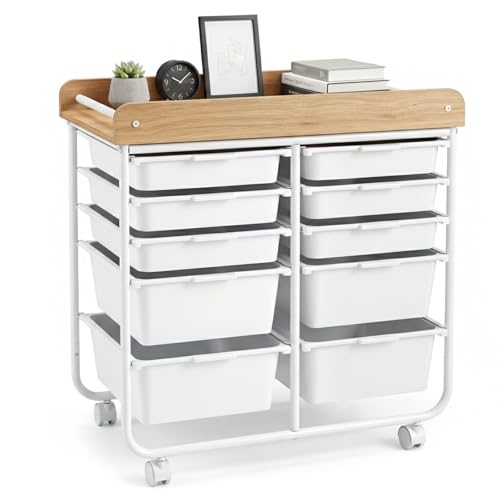 Rolling Cart with Drawers, 10 Drawer Rolling Storage Cart with Wooden Tabletop, Metal Frame & Lockable Wheels, Craft Organizers and Storage for Home Office Classroom (White, 10 Drawer) - color: White, size: 10 Drawer
