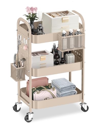 ALVOROG 3 Tier Rolling Cart with DIY Pegboards Metal Utility Cart with Wheels Handles Baskets Hooks, Craft Cart for Office Kitchen Bathroom(Khaki) - color: Khaki