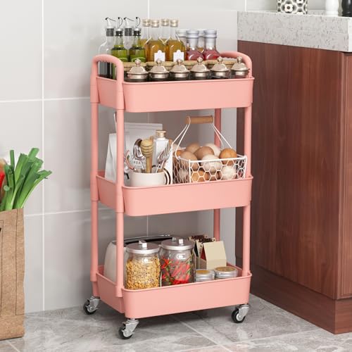 Sywhitta 3-Tier Plastic Rolling Utility Cart with Handle, Multi-Functional Storage Trolley for Office, Living Room, Kitchen, Movable Storage Organizer with Wheels, Pink | Multi-Functional Storage Trolley, for Office, Living Room, Kitchen, Bathroom,Movable