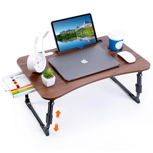 Laptop Desk for Bed, Height Adjustable Laptop Bed Table, Foldable Portable Lap Desk Stand with USB/Storage Drawer/Cup Holder/Slot, Breakfast Tray for Working Reading Writing Eating - color: Dark Walnut