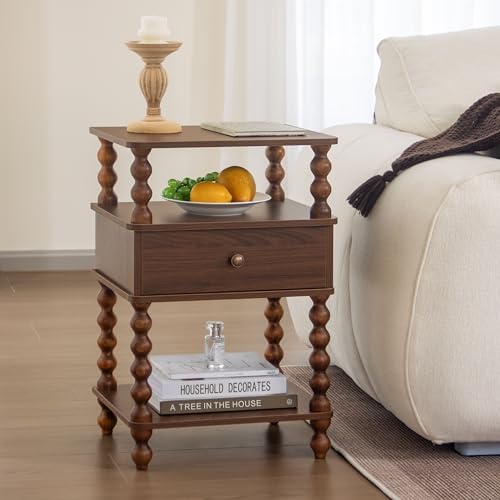 AWASEN Mid Century Modern Nightstand, Bedside Table with Storage, 3-Tier Small Night Stand End Table with Drawer for Bedroom &Solid Wood Spindle Legs, Walnut Brown - color: Walnut Brown