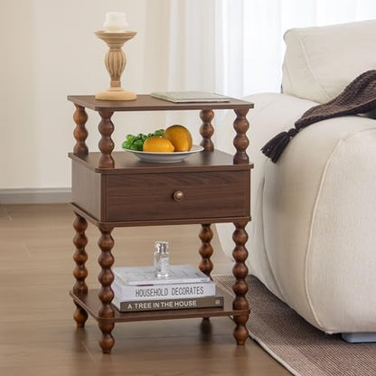 AWASEN Mid Century Modern Nightstand, Bedside Table with Storage, 3-Tier Small Night Stand End Table with Drawer for Bedroom &Solid Wood Spindle Legs, Walnut Brown - color: Walnut Brown