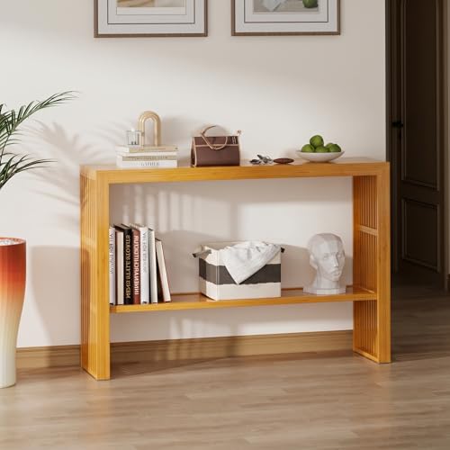 47-Inch Console Table with Storage, 2-Tier Narrow Entryway Table,Natural | 100% Natural Bamboo slim profile, reinforced angled frame versatile wall-side placement - color: Natural, style: 2-TIER