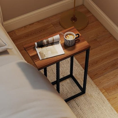 Giantex C-Shaped End Table, Set of 2 Small Sofa Couch Side Table that Slide Under with Metal Frame & Spacious Tabletop, Bedside Laptop TV Tray for Living Room Bedroom Small Spaces (Walnut) - color: Walnut