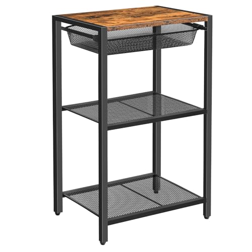 HOOBRO 28.7 Inch Tall Side Table, 3-Tier Industrial Telephone End Table with Adjustable Metal Mesh Basket, Desk Side Table with Storage Shelves, for Living Room, Bedroom, Rustic Brown BF06DH01 - color: Rustic Brown + Black