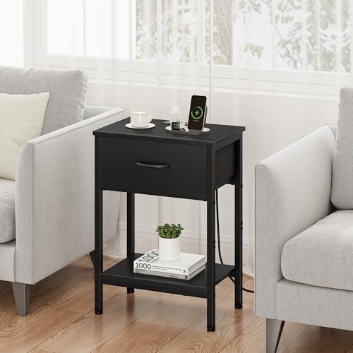 Vagusicc Nightstand Set of 2 with Charging Station, Bed Side Table with Fabric Drawer, Small End Table with 2-Tier Storage Shelves, 25.4" Tall Bedside Table, Black Night Stand for Bedroom, Living Room - color: Black (2 Pack)