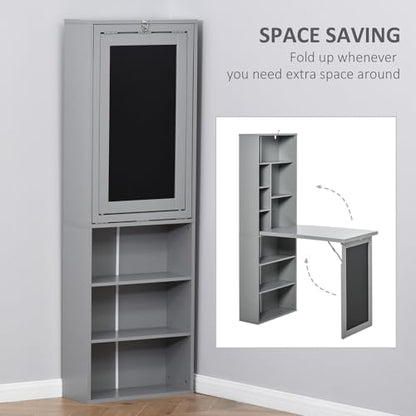 Fold Out Desk with Blackboard, Convertible Foldable Wall Desk with Side Shelf for Home Office Living Room Bedroom, Space-Saving