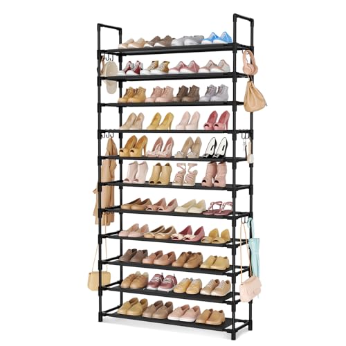 LANTEFUL 11 Tiers Tall Shoe Rack Holds 55 Pairs of Shoes with 18pcs Hooks Sturdy Wide Shoe Organizer Storage Free Standing Metal Shoe Shelf for Closet, Entryway Black - color: Black, size: 11 Tier-74.8" High-34" Wide