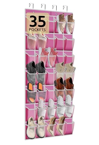 PAULONE 35 Pocket Over the Door Shoe Organizer,Reusable Breathable Large Mesh Bag Men's & Women's Sneaker Organizer,Shoe Organizer for Kids,Hanging Shoe Storage Hanging Bag (Pink) - color: Pink